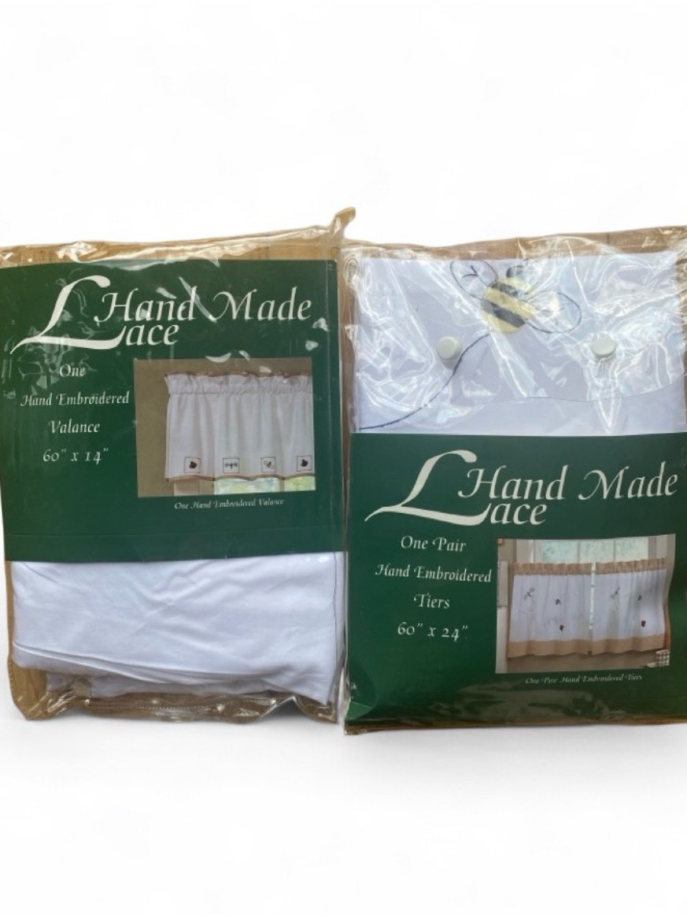 NEW Hand Embroidered Cotton Valance & Tier Set Ladybug Bee Dragonfly Cottage